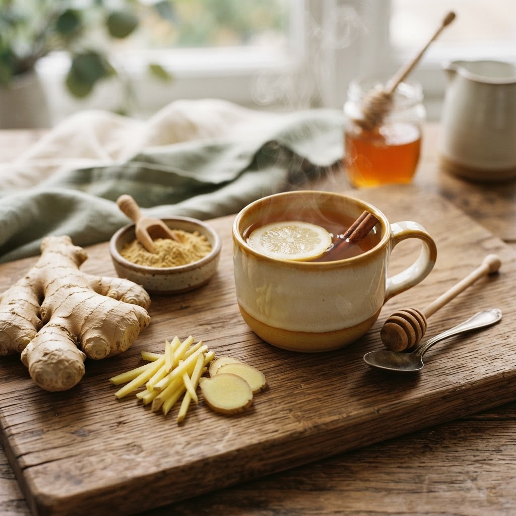 Fresh ginger root, sliced ginger, dry ginger powder and ginger tea with lemon