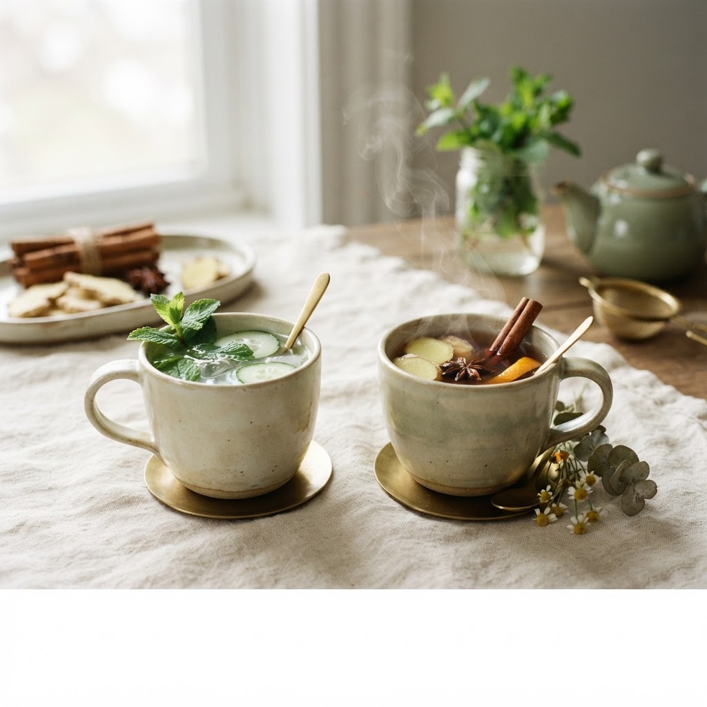 A cooling mint tea and a warming ginger tea side by side, representing a dual dosha