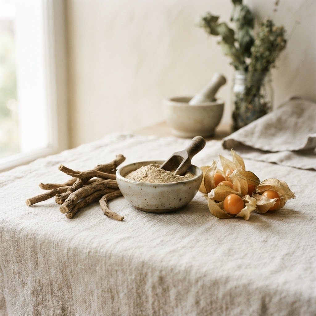 Dried ashwagandha roots, root powder and winter-cherry berries