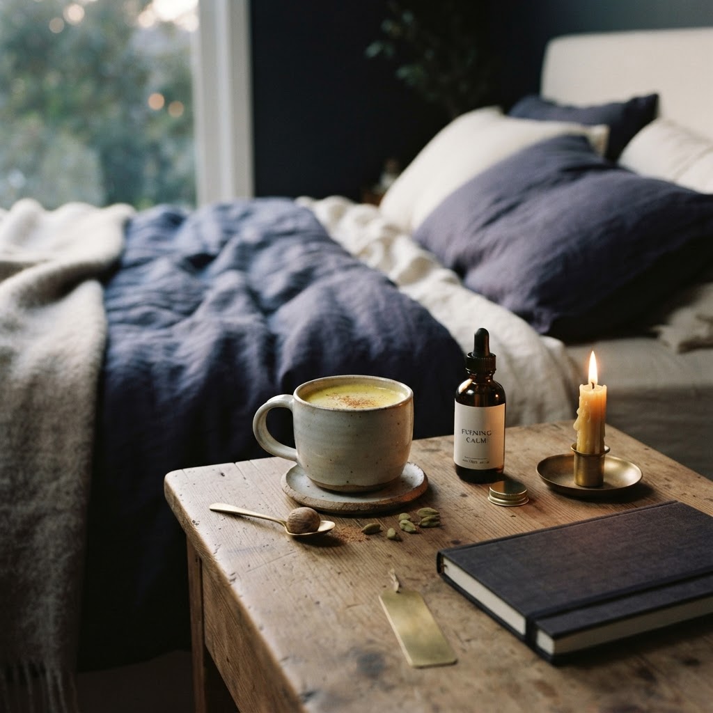 Warm golden milk with nutmeg and cardamom by candlelight on a bedside table