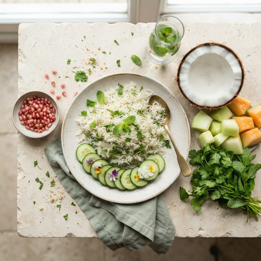 Cooling Pitta foods: cucumber, coconut, melon, coriander, mint, rice and pomegranate