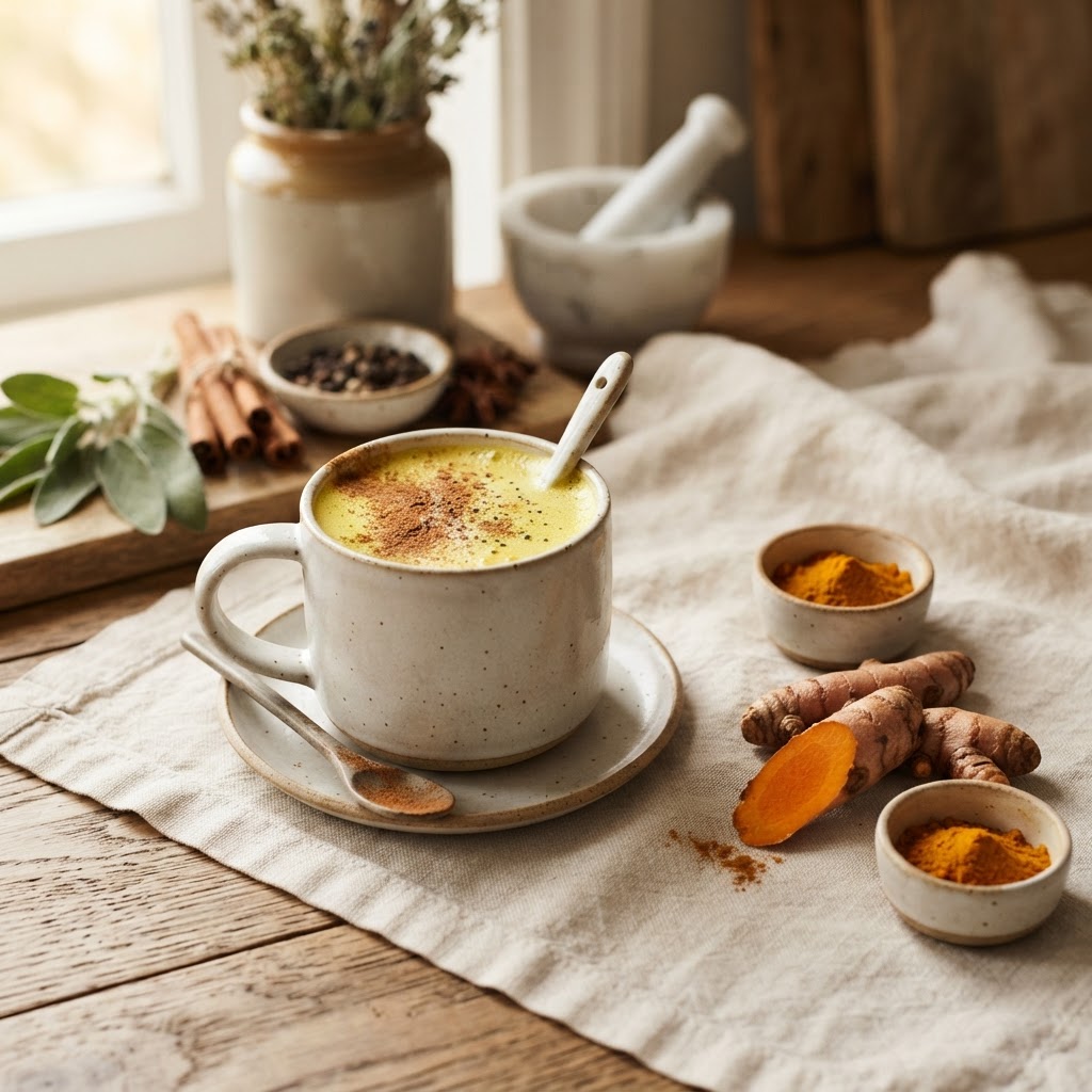 Golden turmeric milk with cinnamon and black pepper beside fresh turmeric root