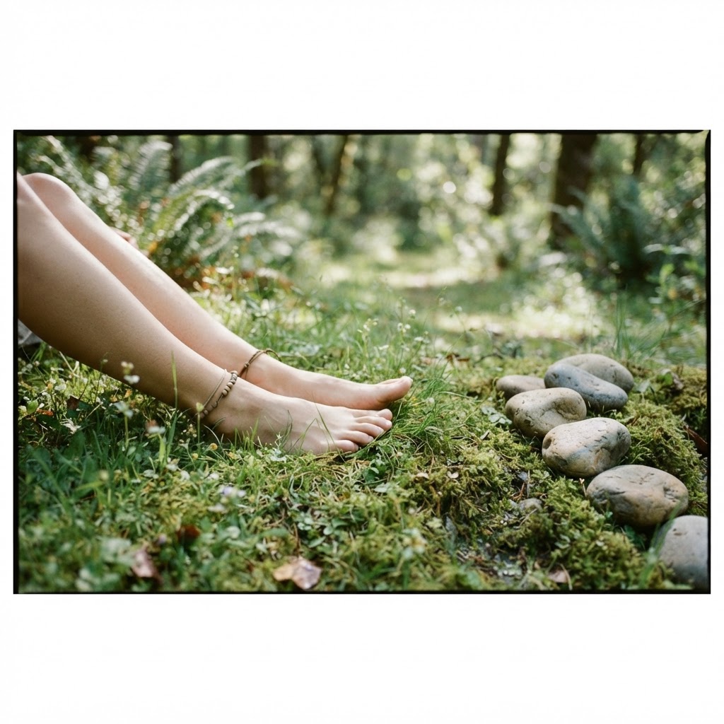 Bare feet resting on moss and grass in morning light, a grounding practice