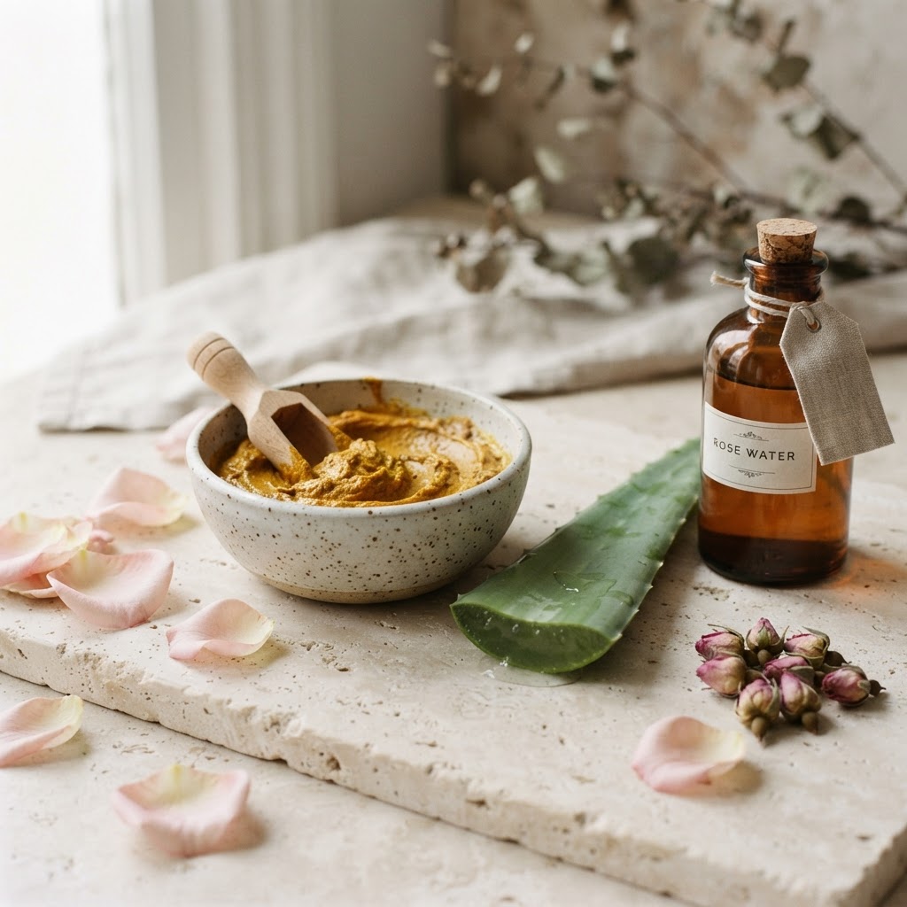 Sandalwood and turmeric paste with aloe vera, rose petals and rose water for acne-prone skin