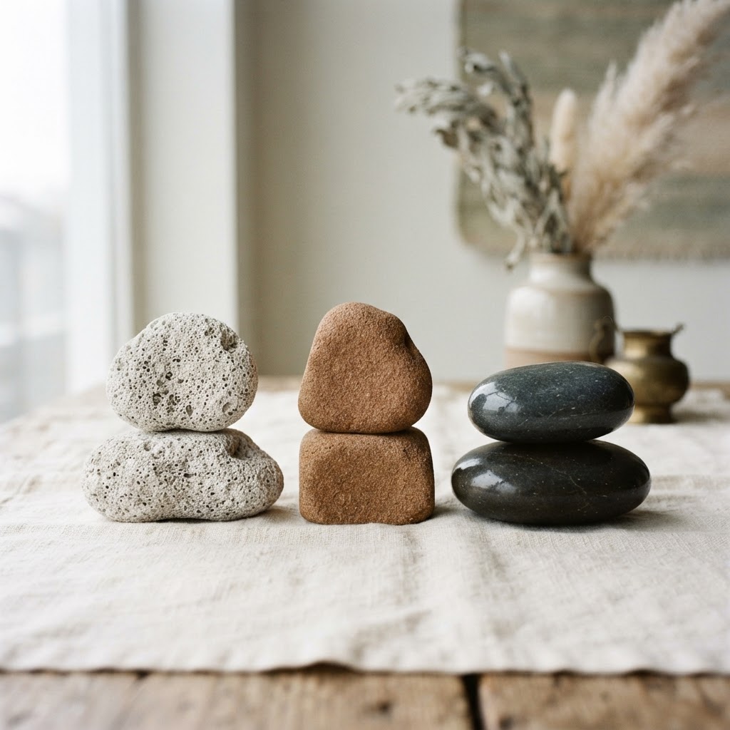 Three stones of different weight and texture compared side by side, representing Vata, Pitta and Kapha