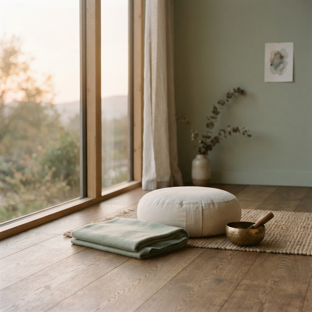 A meditation cushion by a sunrise window, ready for alternate-nostril breathing