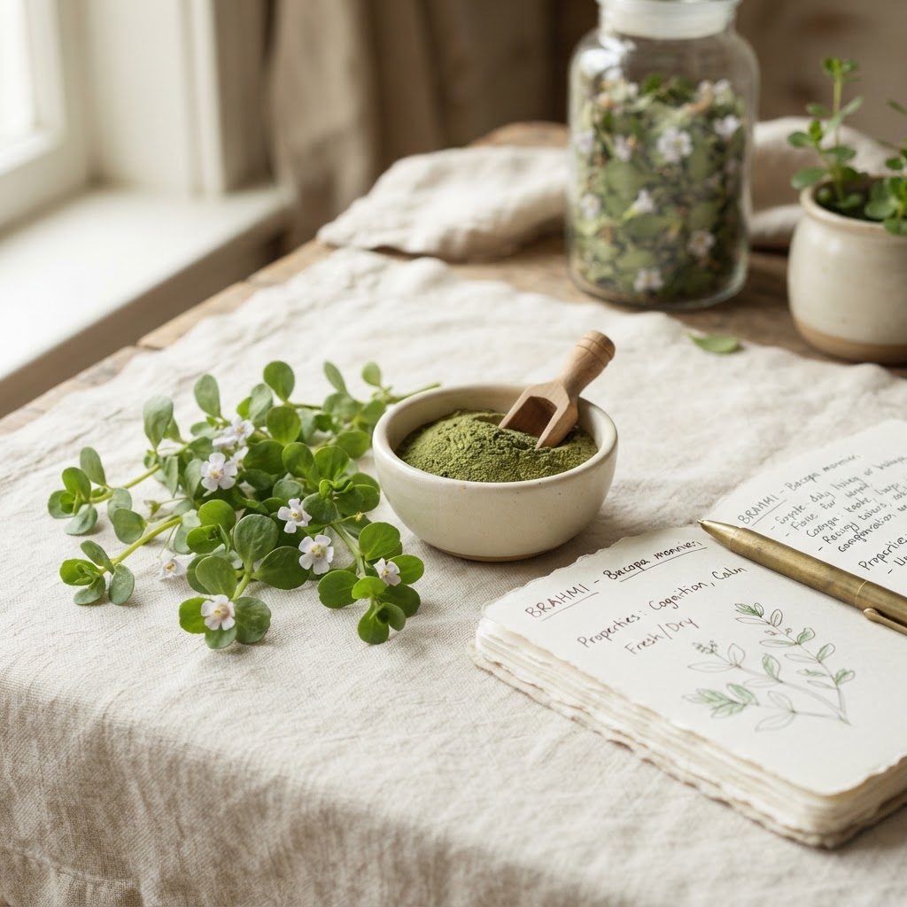 A fresh sprig of brahmi (bacopa) with herbal powder and a notebook