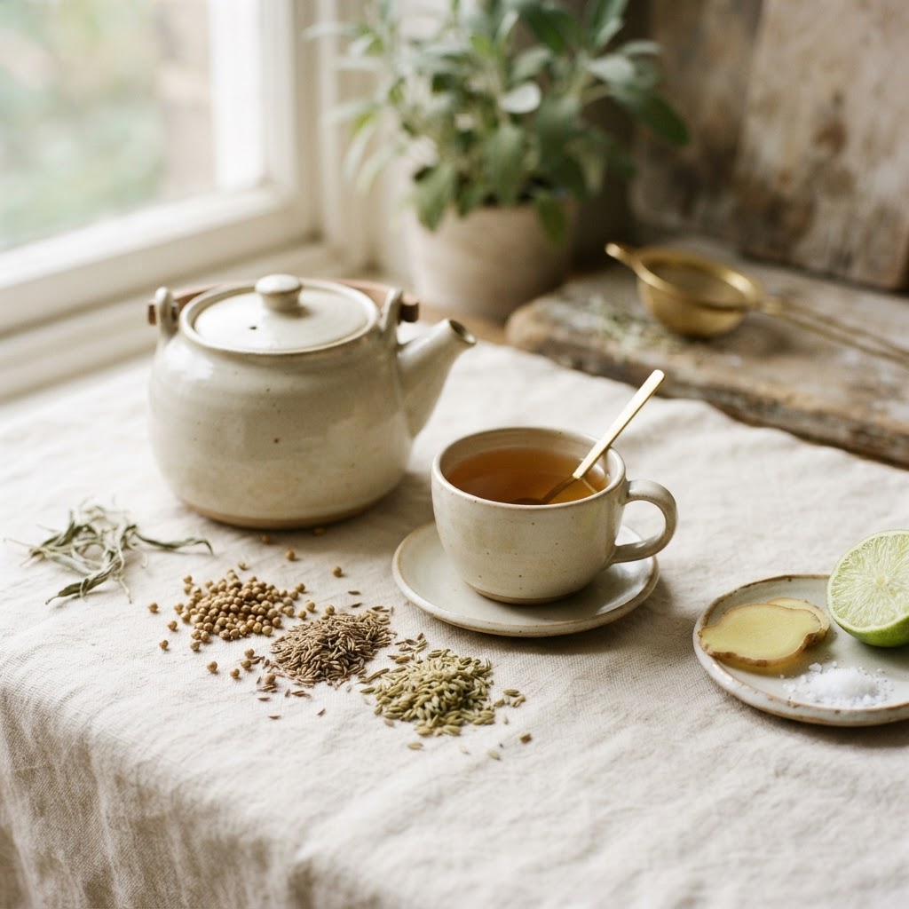 Cumin, coriander and fennel tea with fresh ginger, salt and lime for bloating