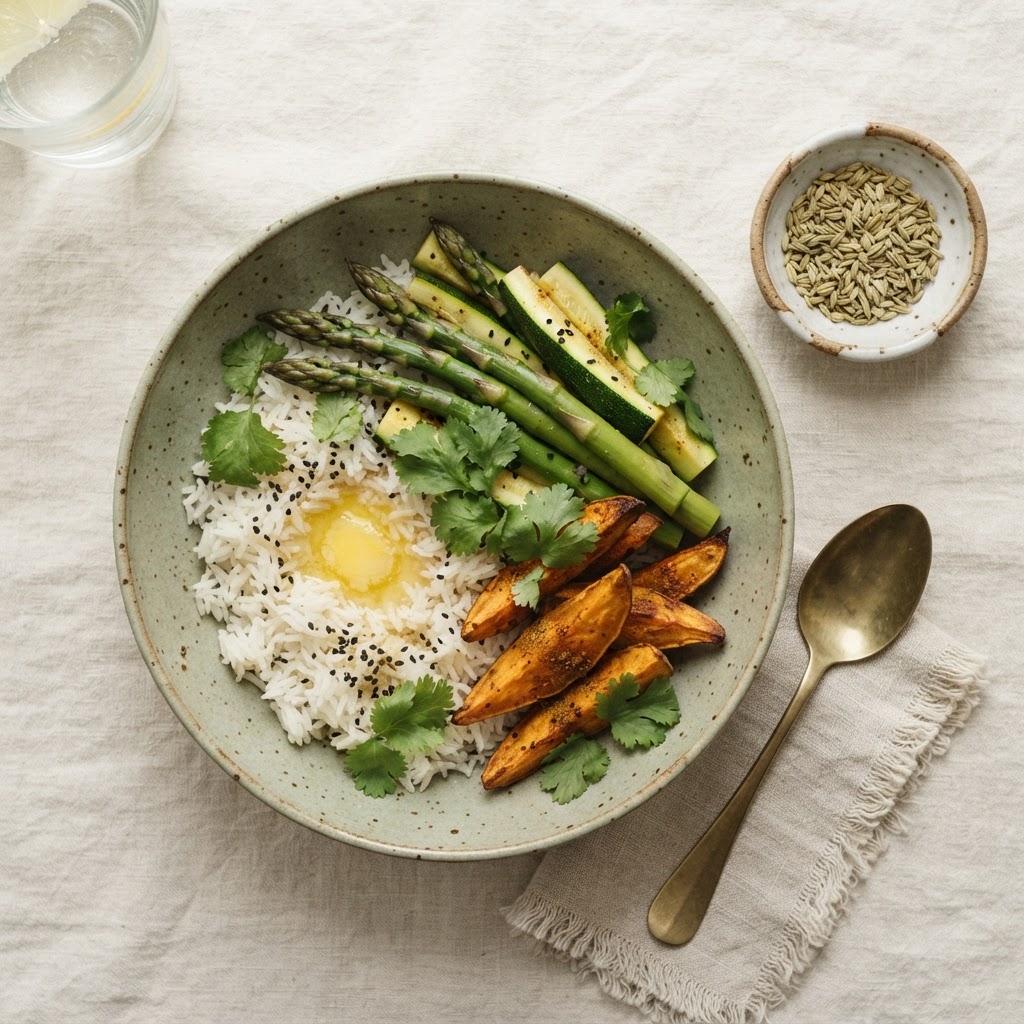 Basmati rice, steamed courgette, asparagus, sweet potato and ghee for a Vata-Pitta diet