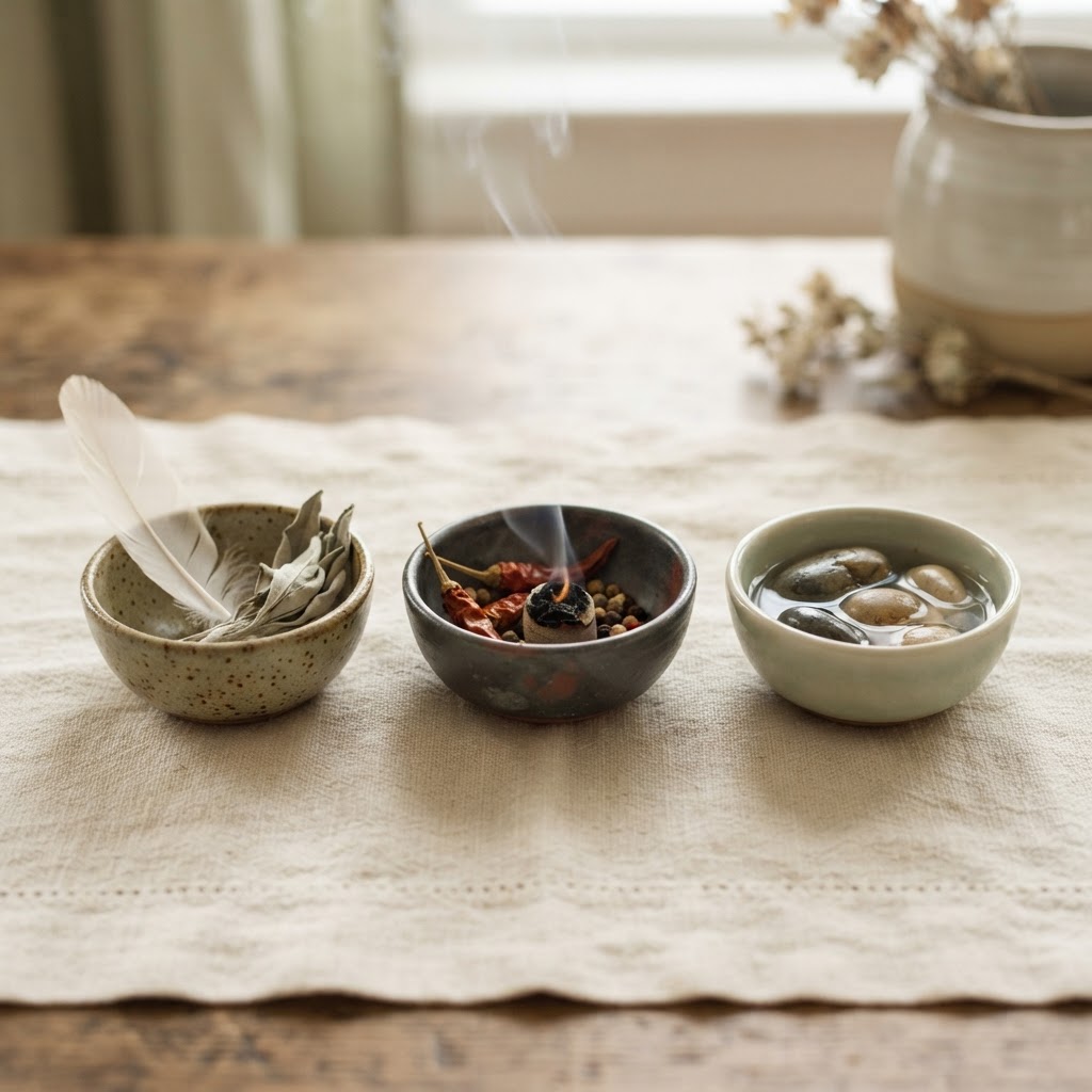 Three bowls representing the Vata, Pitta and Kapha doshas: air, fire and earth-water
