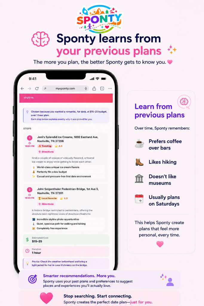 Sponty learns from your previous plans — smarter recommendations infographic