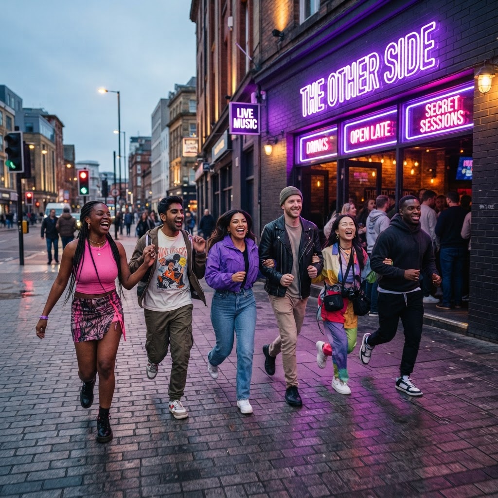 Friends exploring a vibrant street at twilight