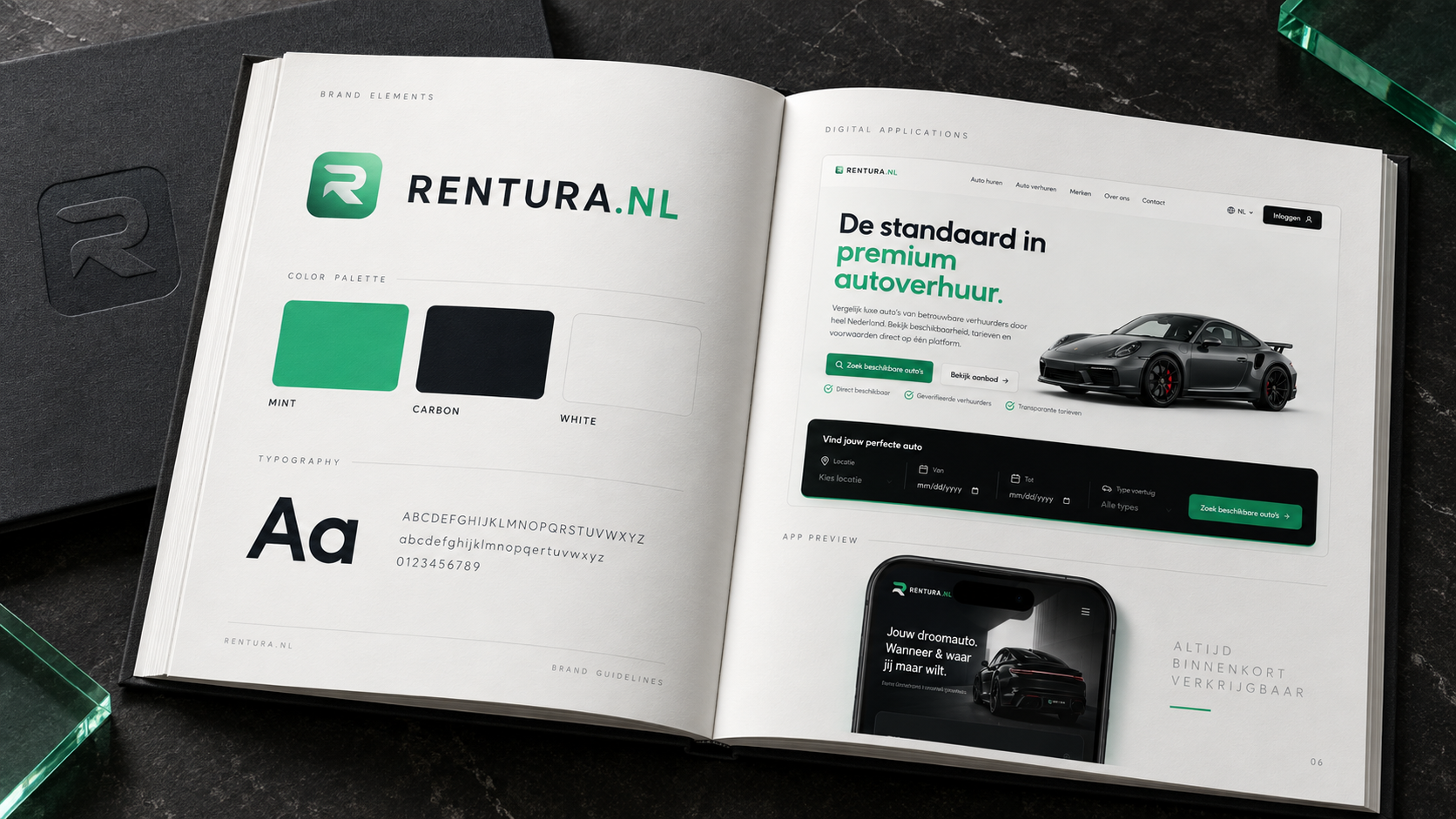 Rentura brand identity — mint, carbon, typography and digital applications