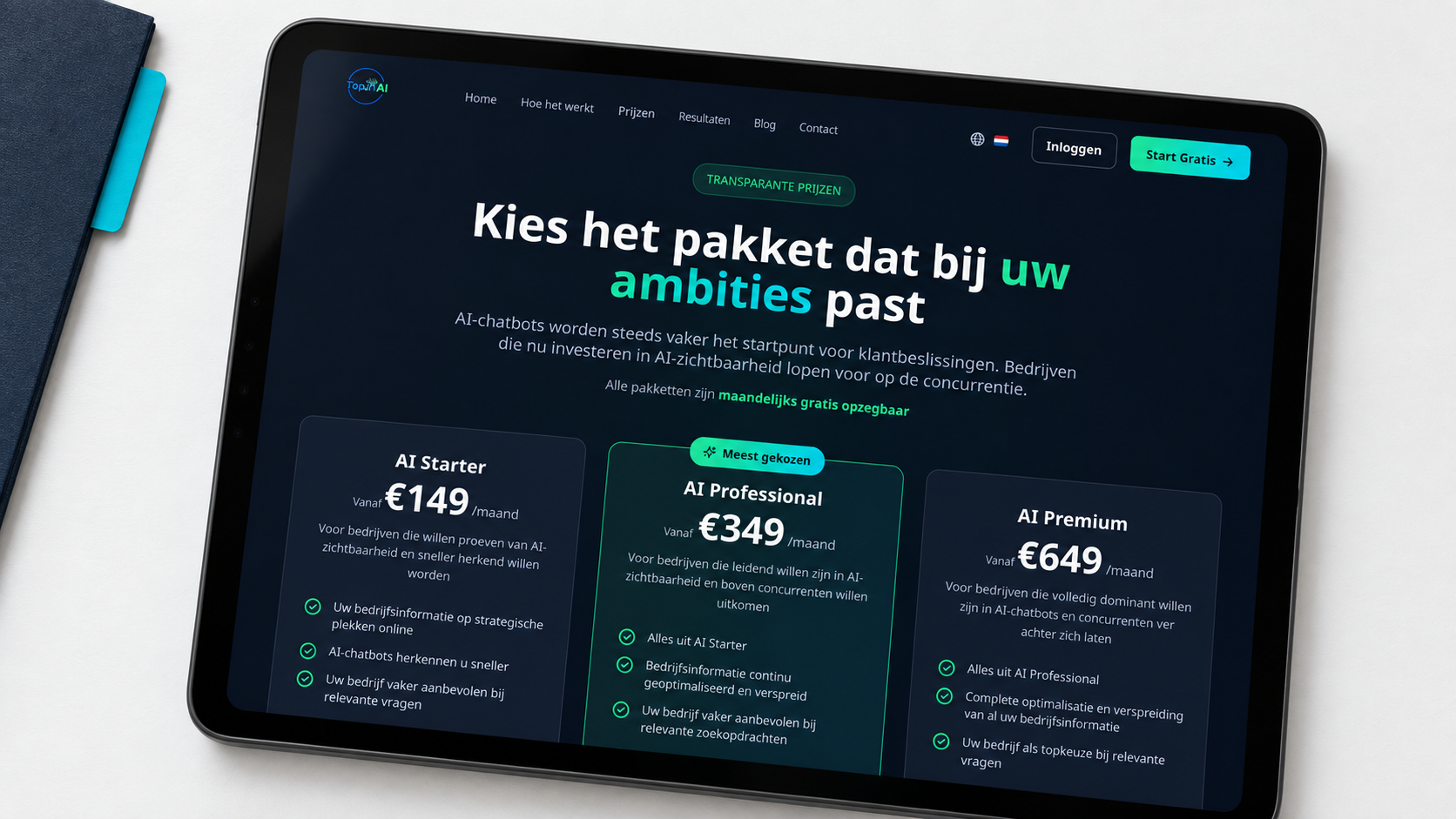Top in AI — Prijspagina op tablet