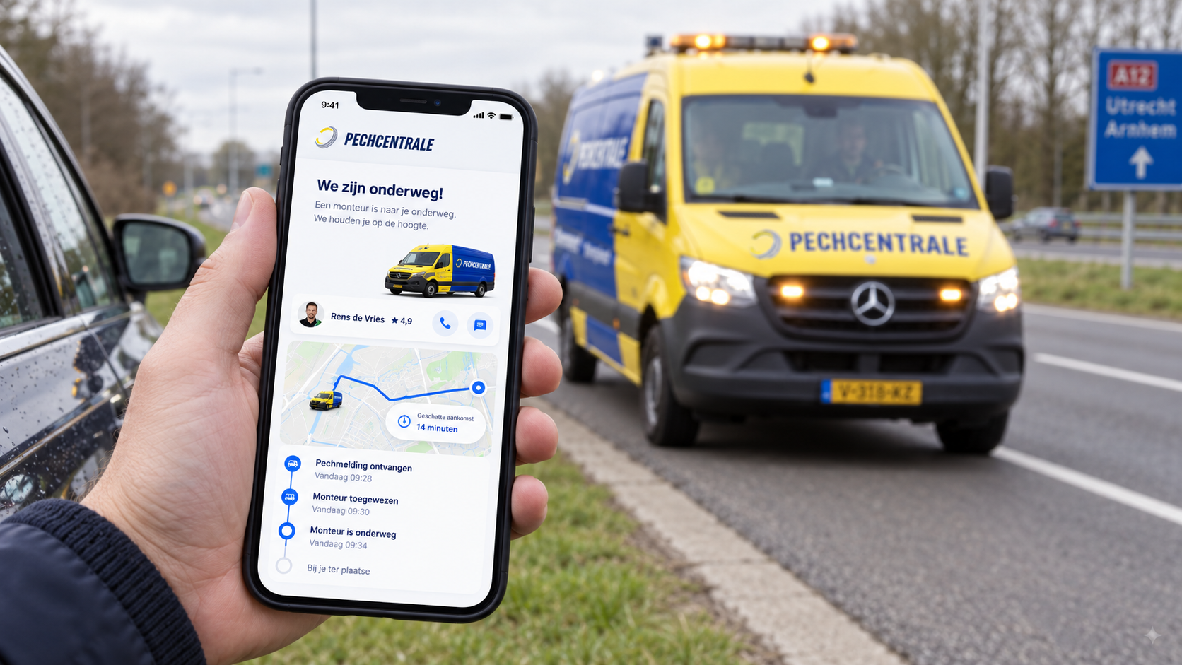 Pechcentrale app in gebruik langs de weg