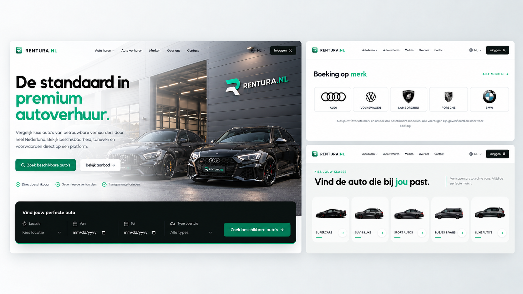 Rentura homepage, location and date search, and vehicle overview