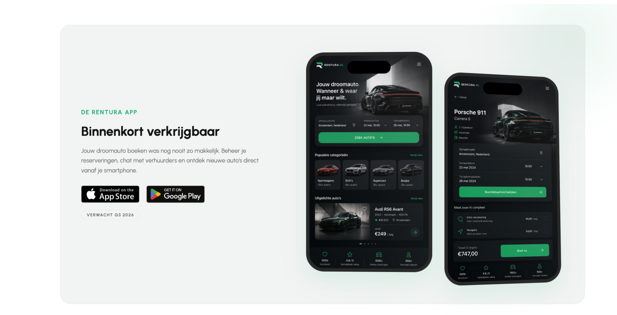 Rentura app: twee mobiele schermen voor zoeken en boeken van auto's