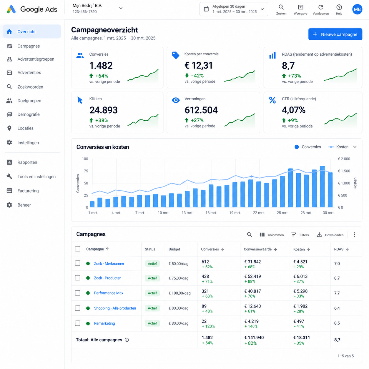 Aangeleverde voorbeeldvisualisatie van een Google Ads-overzicht met fictieve cijfers