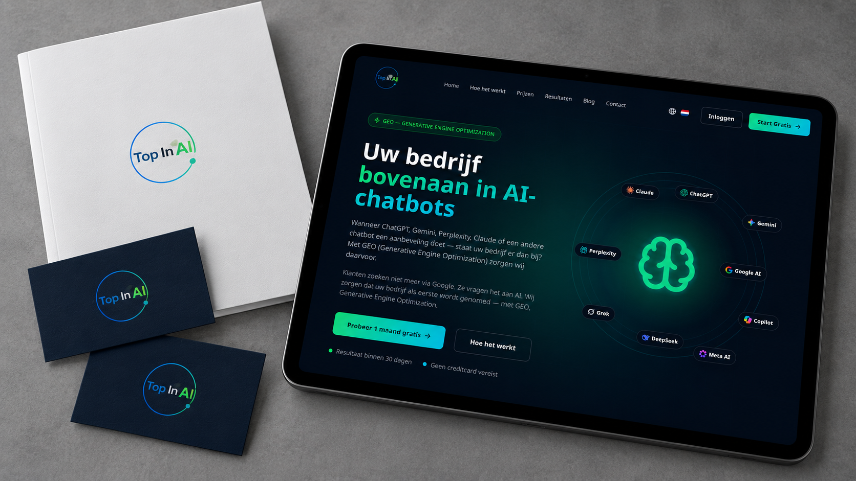Top in AI — Merkidentiteit en website op tablet