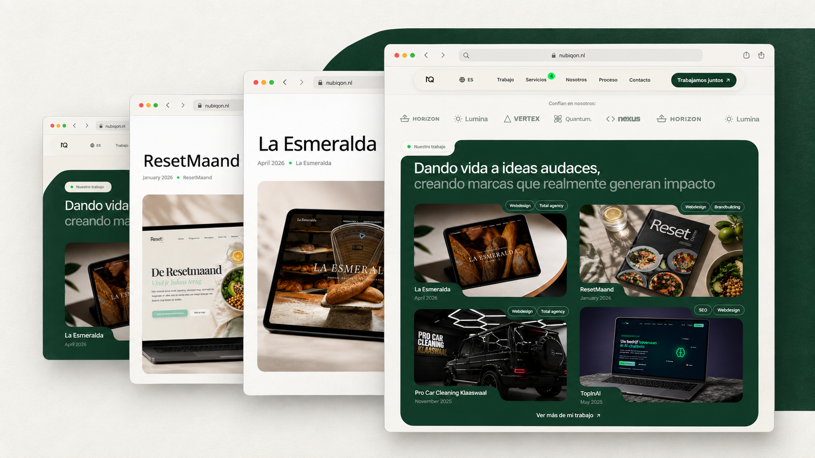 Nubiqon portfolio-overzicht met verschillende projecten en websitepresentaties