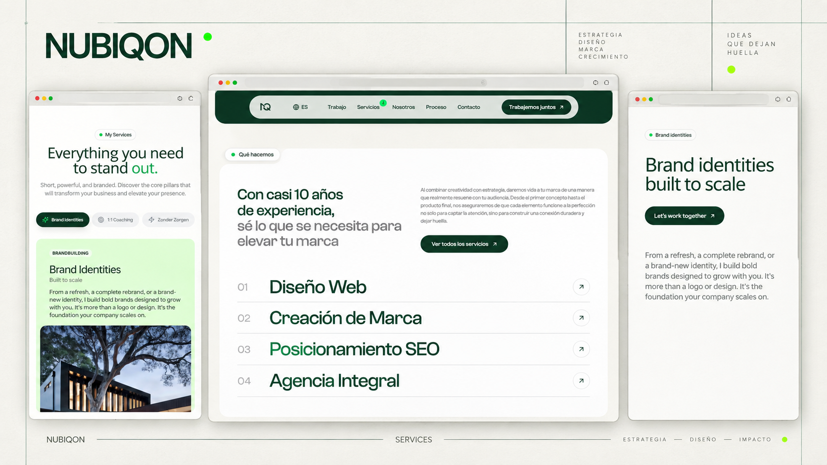 Nubiqon dienstenpagina op desktop met overzicht van webdesign, branding en SEO
