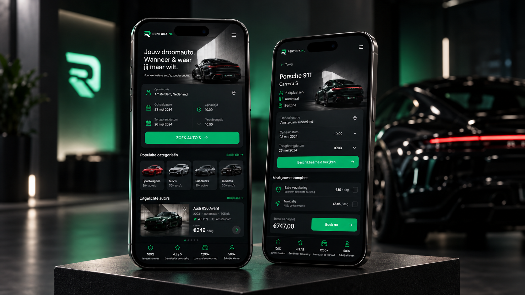 Rentura app presentation showing vehicle search and booking details