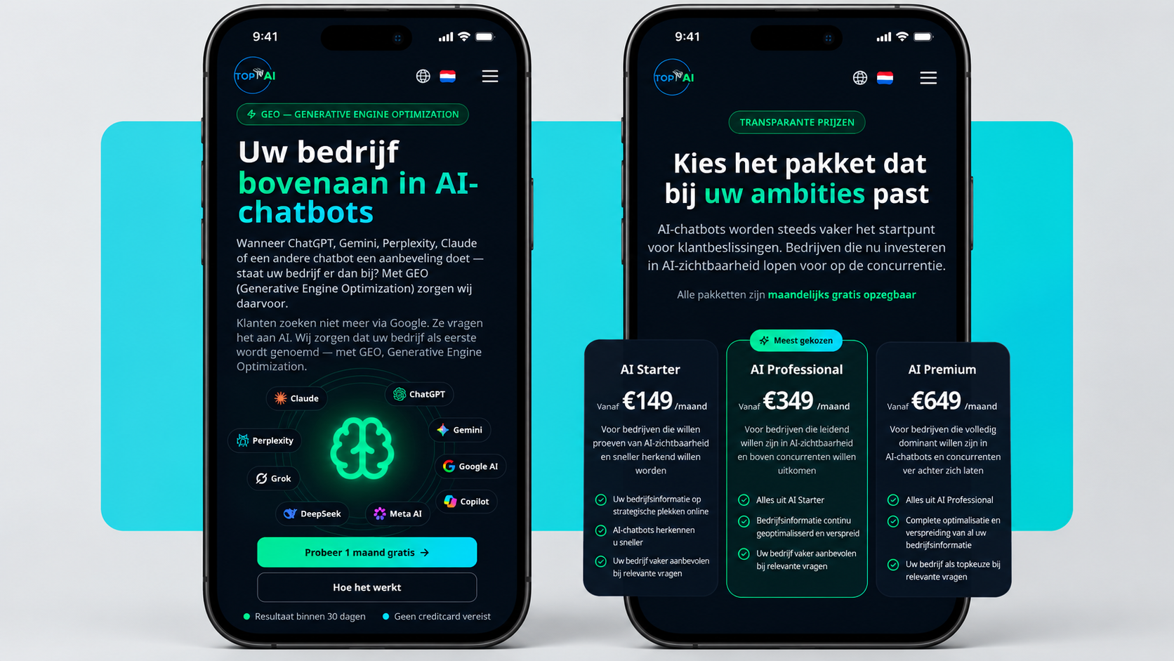 Top in AI — Mobiele homepage en prijzen