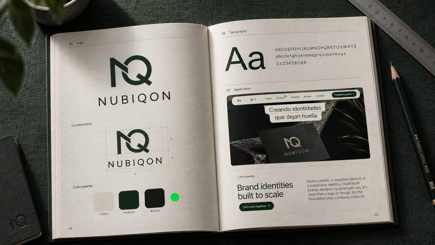 Nubiqon brandbook met NQ-logo, kleurenpalet, typografie en webdesign