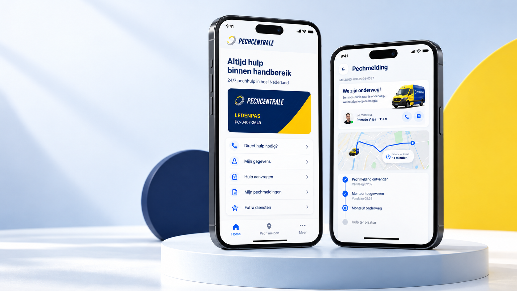 Pechcentrale mobiele app met digitale ledenpas en pechmelding