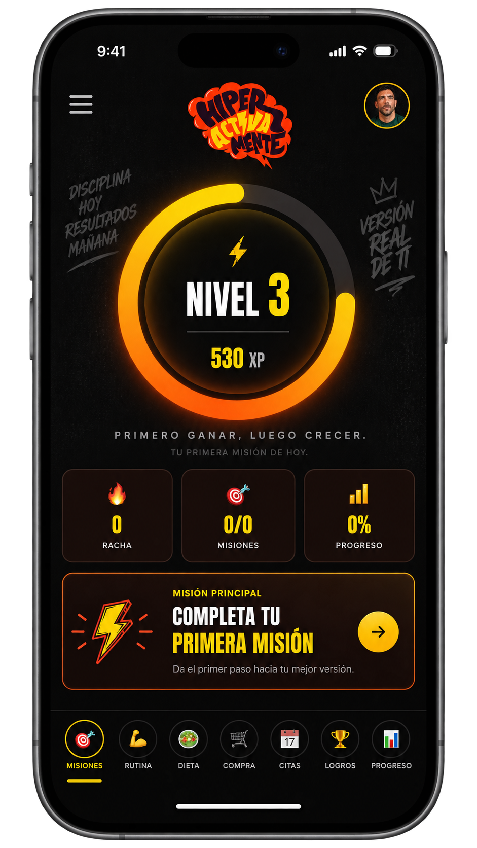 Hyperactivamente app met niveau, missies en voortgang