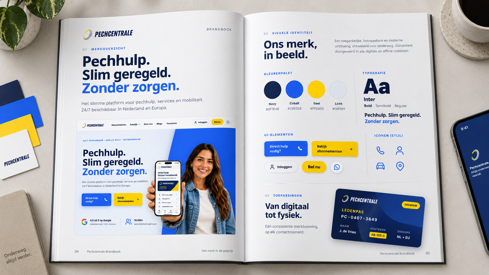 Pechcentrale brandbook met merkidentiteit, kleuren, typografie en ledenpas