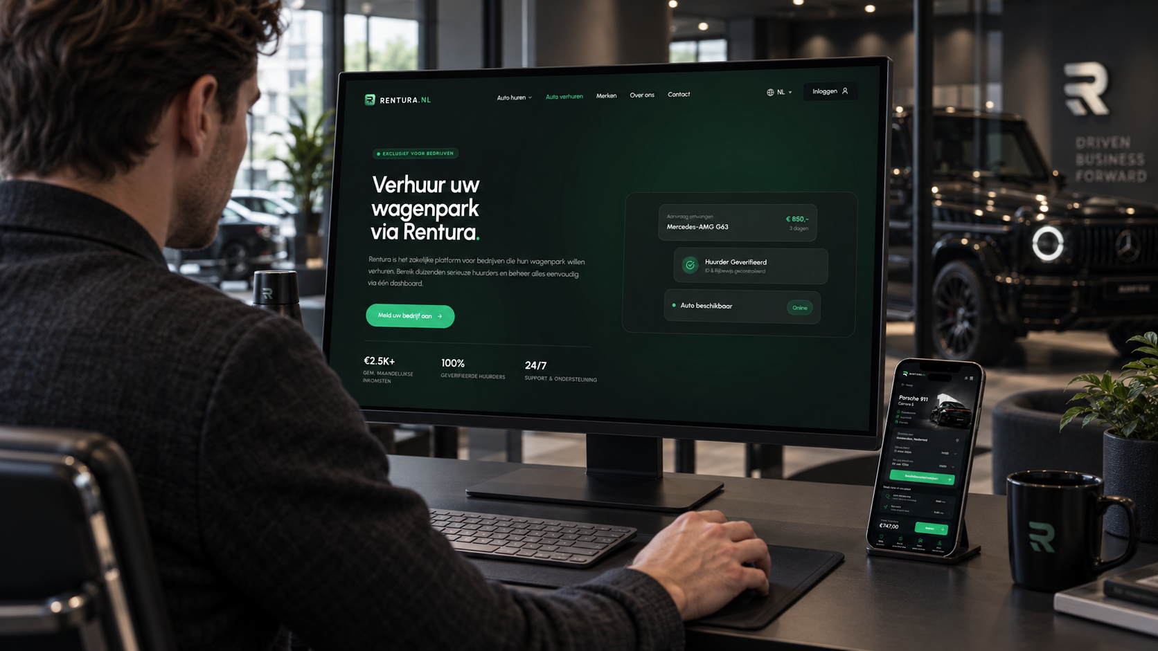Rentura rental business experience on desktop alongside the mobile booking interface