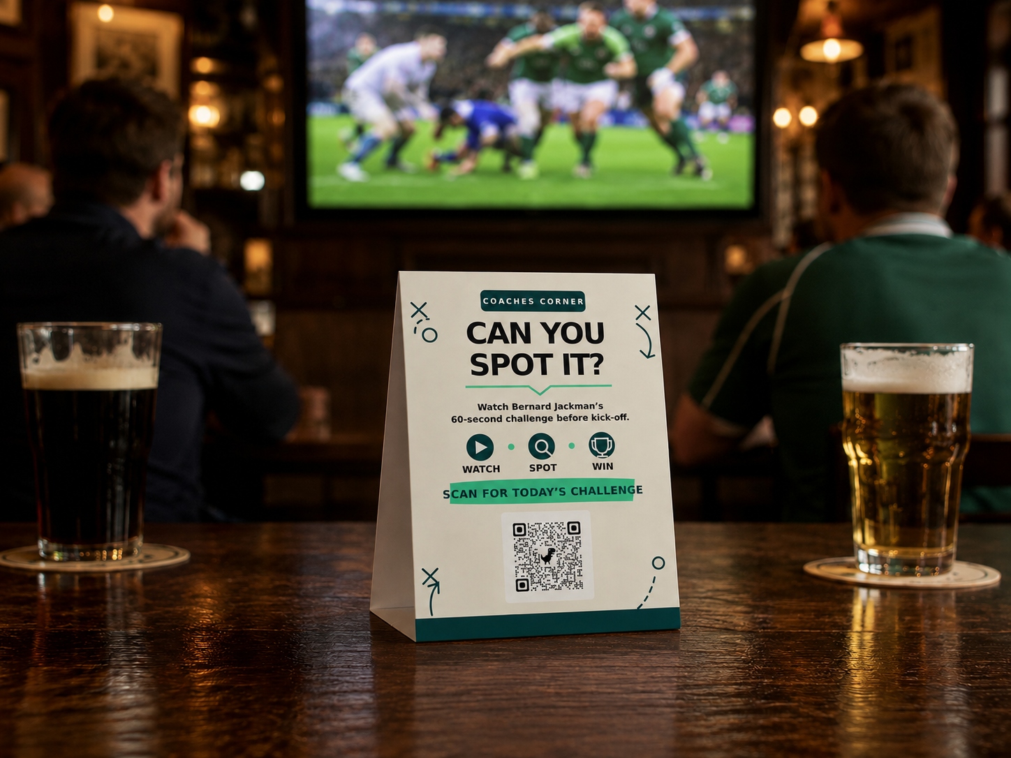 Concept for a Coaches Corner table tent beside a pub match screening