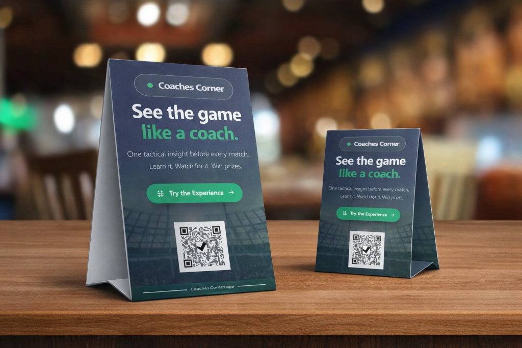 Coaches Corner table talker with QR code on a pub table