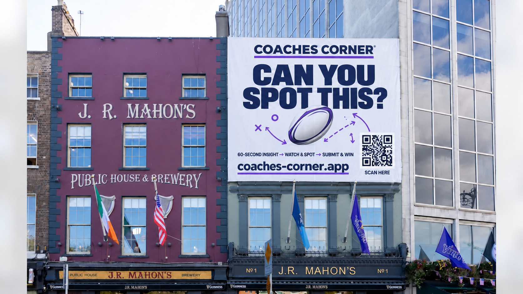 Concept artwork showing a Coaches Corner billboard on a building