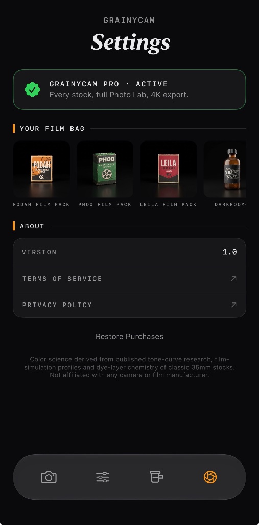 GrainyCam settings with your film bag and GrainyCam Pro