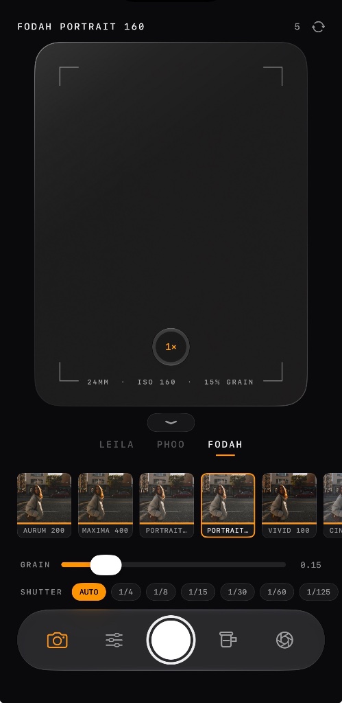 GrainyCam camera with live film stocks, grain and shutter controls