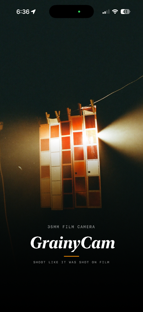 GrainyCam launch screen — shoot like it was shot on film