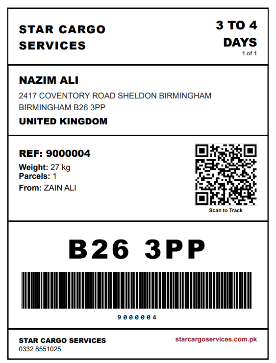 Star Cargo shipping label with QR code and barcode — printed from the agent portal