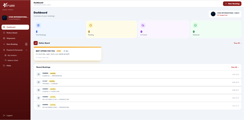 Star Cargo Agent Portal Dashboard — bookings, shipment tracking, invoices, balance sheet and notice board