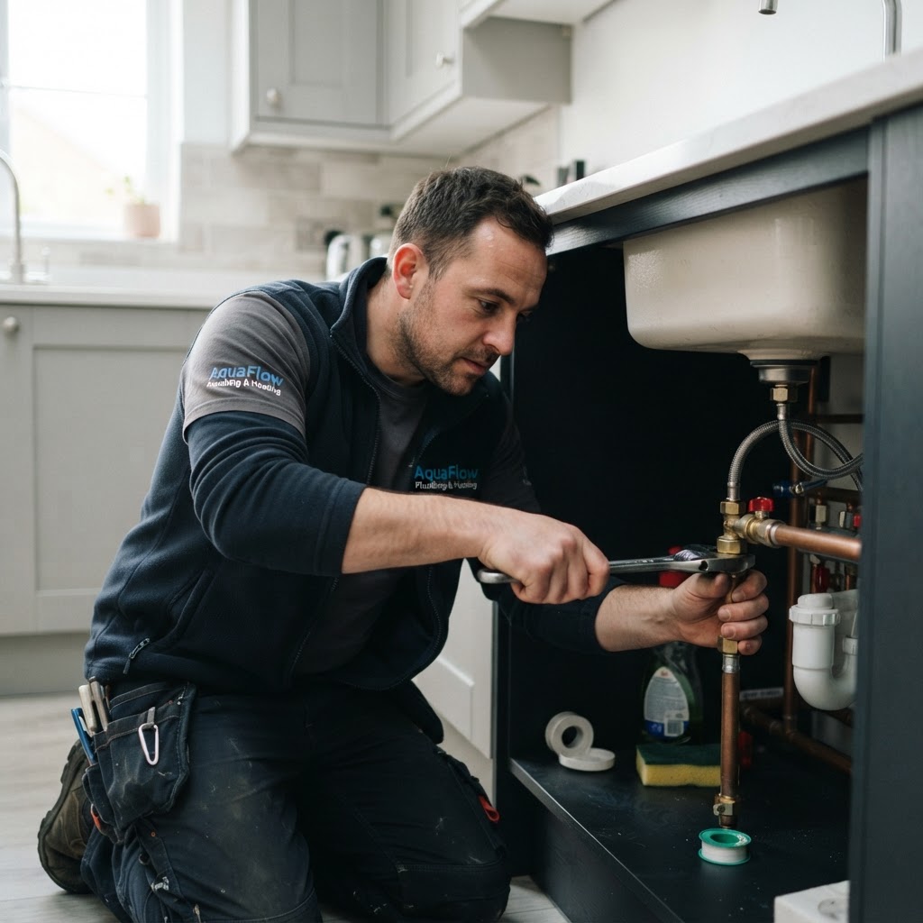 UK plumber using invoice software for plumbers on a phone beside a kitchen sink