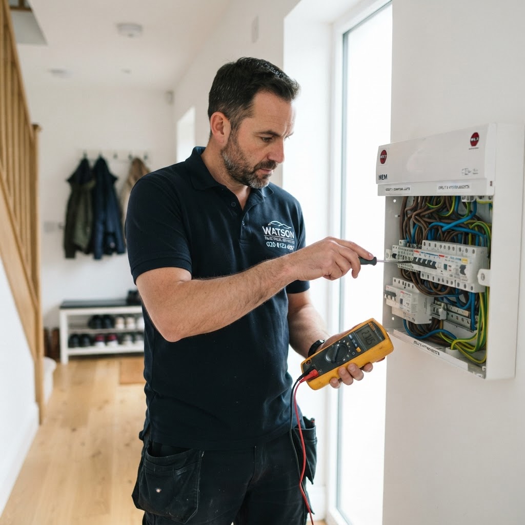 UK electrician using invoice software for electricians on a phone beside a consumer unit