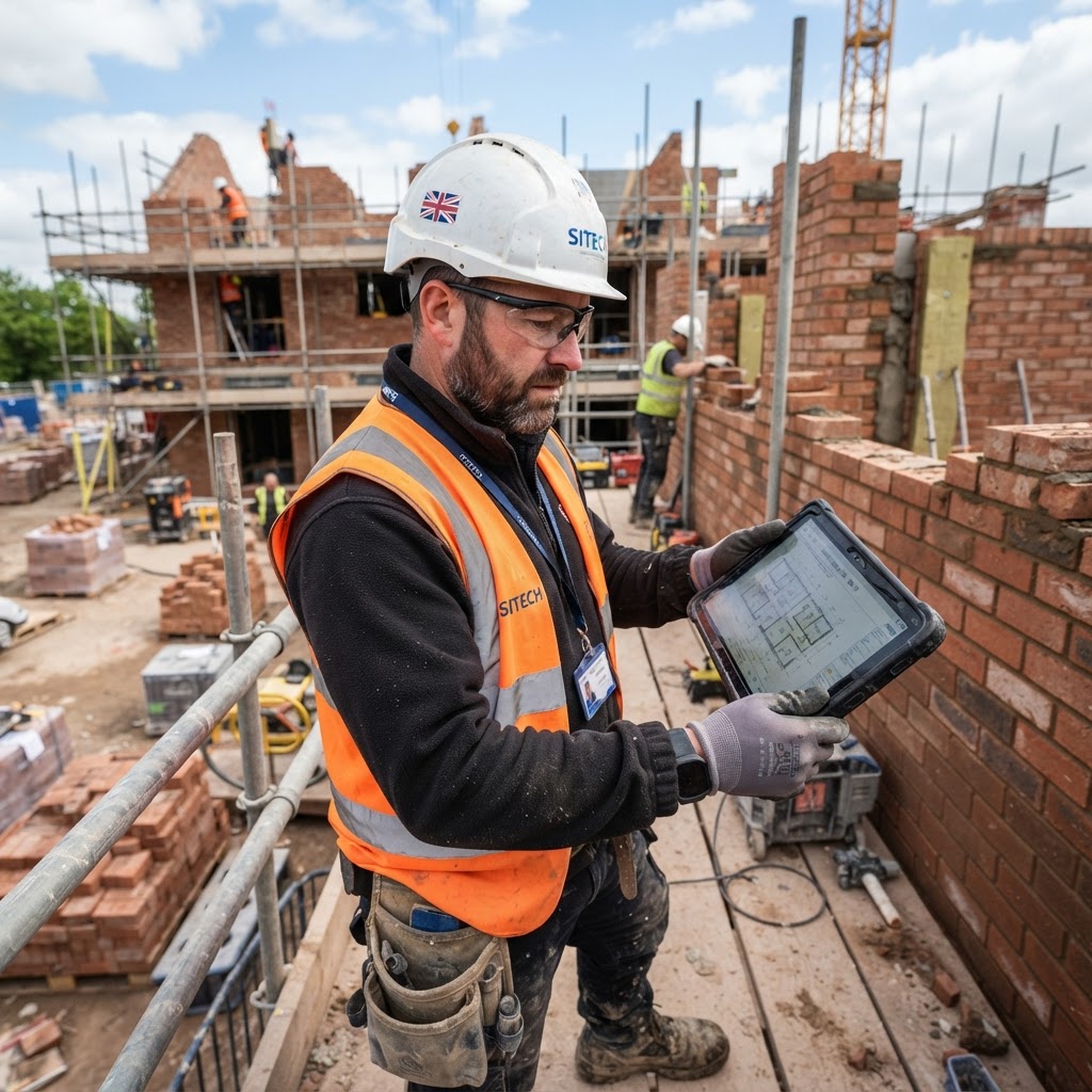 UK builder reviewing invoice software for builders UK on a tablet at a construction site