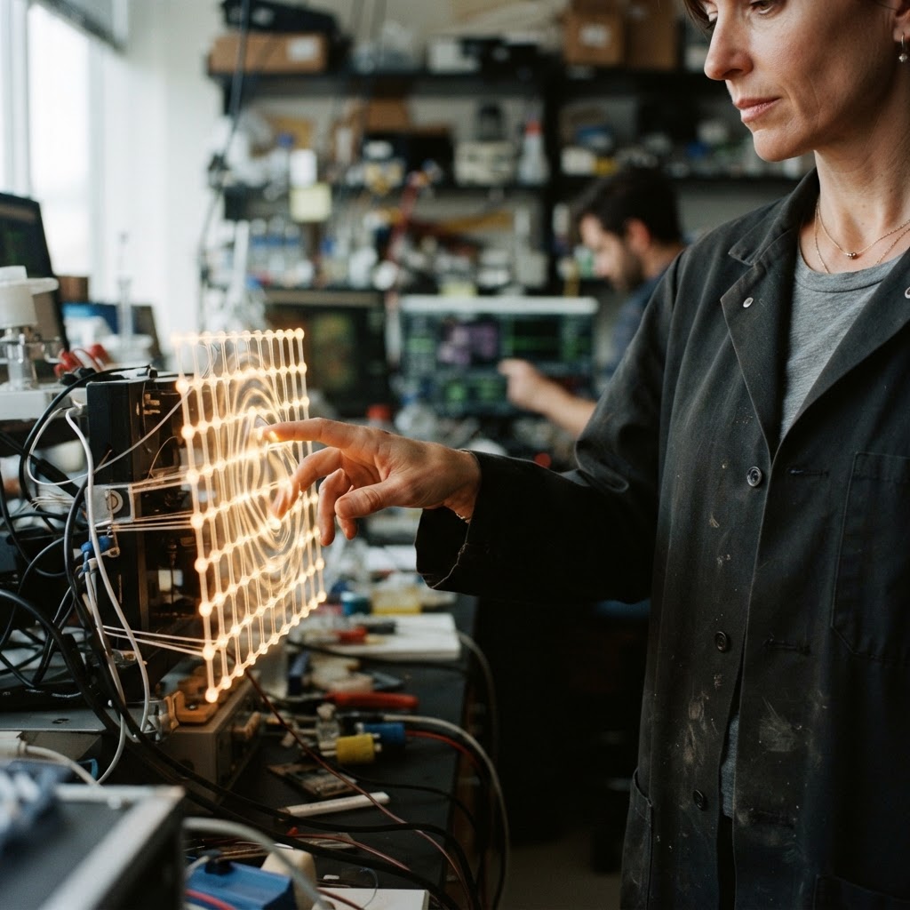 Illustration of Cinematic close-up of a person's hand reaching into a glowing, translucent 3D grid, visible haptic ripples emitting from the contact point of their fingertips, high-tech lab environment, shallow depth of field, hyper-realistic, 8k resolution. - Haptic Zones Technology