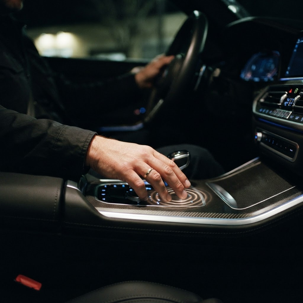 Illustration of Cinematic close-up of a driver hand touching a modern car center console, glowing subtle haptic pressure ripples emanating from under the fingertips, sleek futuristic automotive interior, dark moody lighting with neon blue accents, shot on 35mm lens, highly detailed textures, depth of field focused on the interaction point. - Haptic Zones Technology