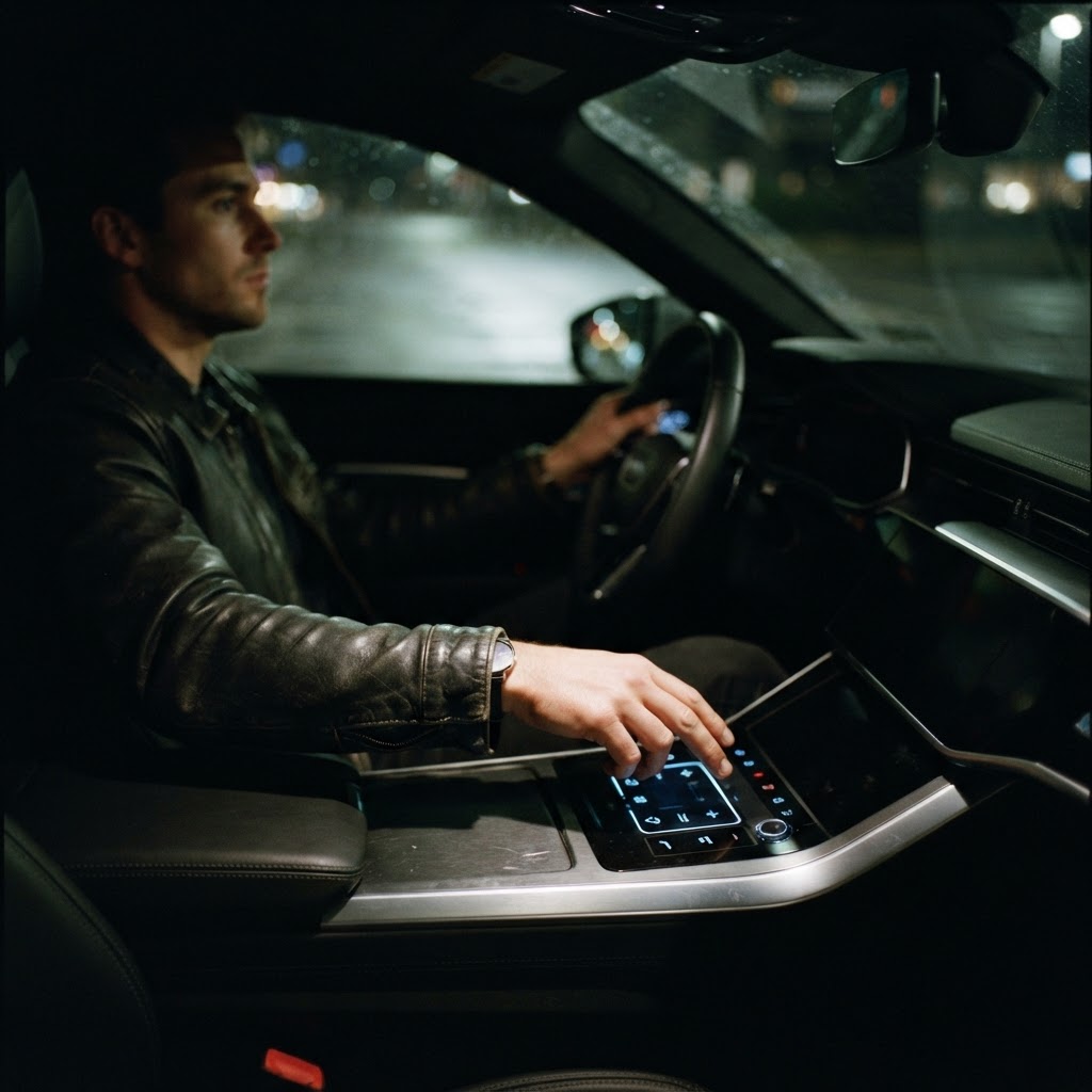 Illustration of Cinematic shot of a sleek, futuristic car interior at night with soft blue light highlighting the driver's hand hovering over a precisely glowing, segmented touch area on the center console, high detail, interior depth of field, photorealistic lighting, 8k resolution. - Haptic Zones Technology