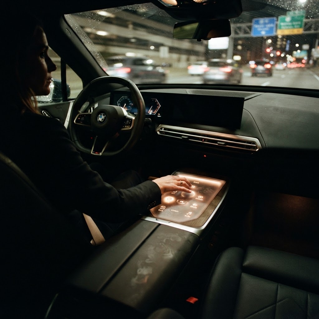 Illustration of A cinematic interior shot of a futuristic luxury car cockpit at night, focusing on a glowing, translucent haptic zone area on the center console with soft ambient lighting, high contrast, 8k resolution, photorealistic, professional automotive photography. - Haptic Zones Technology