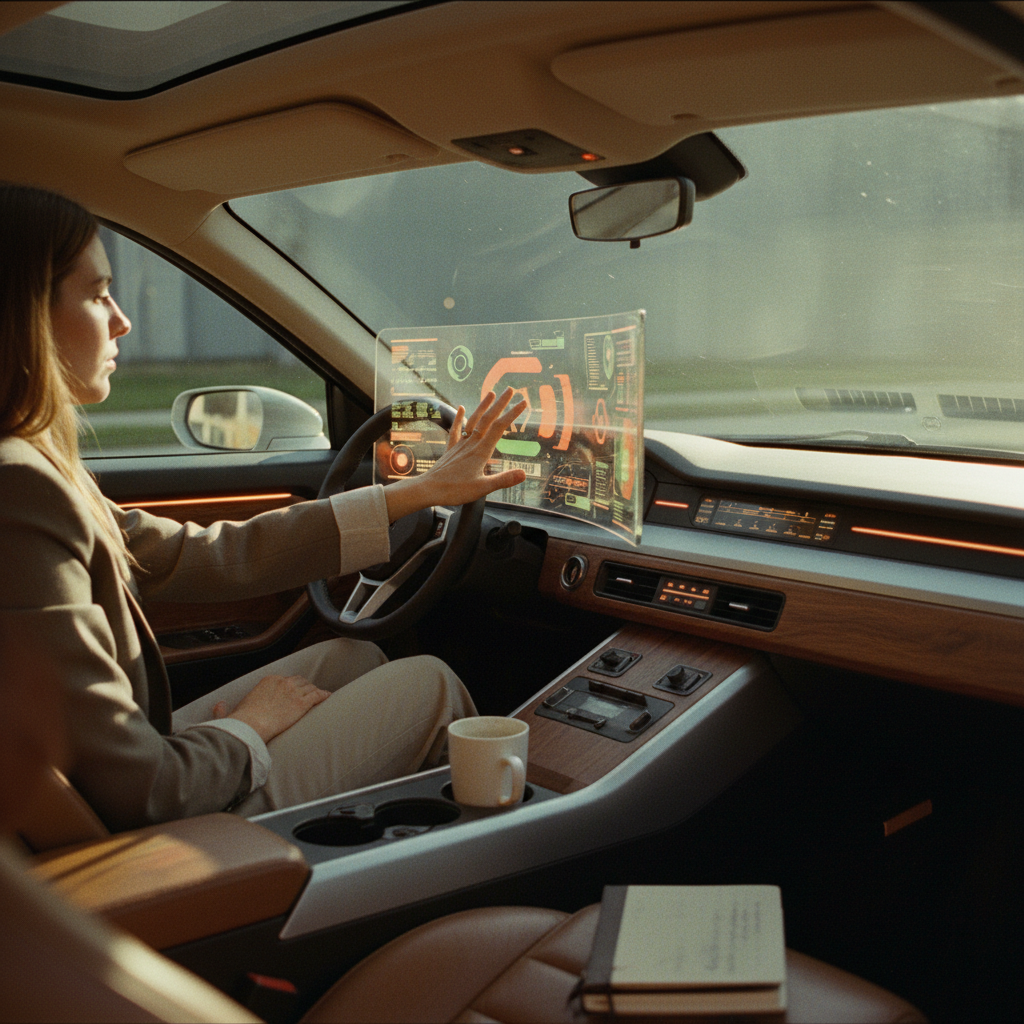 Illustration of A futuristic car interior with a driver interacting with a holographic touchscreen panel, showcasing gesture input control and dynamic touch zones. Bright, modern aesthetics with clear dashboard displays and ambient lighting. - Haptic Zones Technology