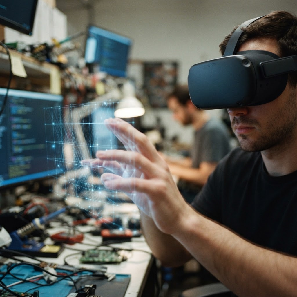 Illustration of Cinematic close up of a person wearing a sleek modern VR headset, their hand reaching into a glowing, translucent volumetric grid in mid-air, soft blue light illuminating the skin and fingers, high tech studio background, shallow depth of field, photorealistic, 8k resolution. - Haptic Zones Technology