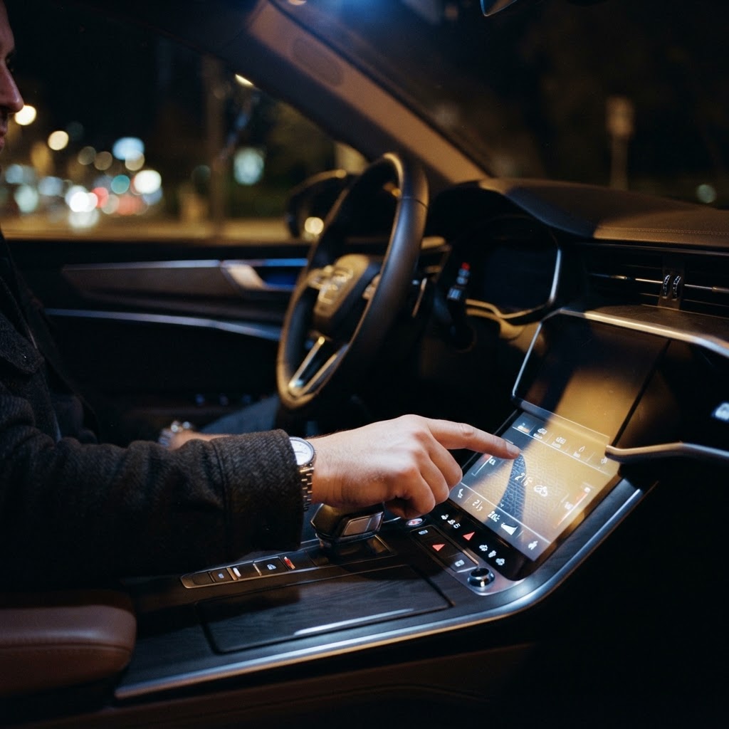 Illustration of A cinematic macro shot of a sleek, modern automotive interior at night. The focus is on a driver's hand interacting with a glowing, textured touch surface on the dashboard that illuminates in distinct haptic zones. Shallow depth of field, cool blue ambient lighting, high tech atmosphere, sharp details on the surface geometry, 8k resolution, professional automotive photography style. - Haptic Zones Technology